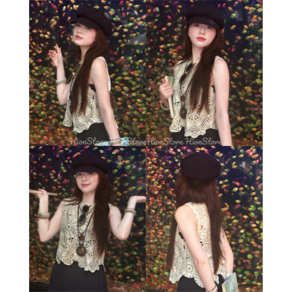 Hion Store - Set áo len kem + cv 2 màu đen hồng size S M hàng loại 1