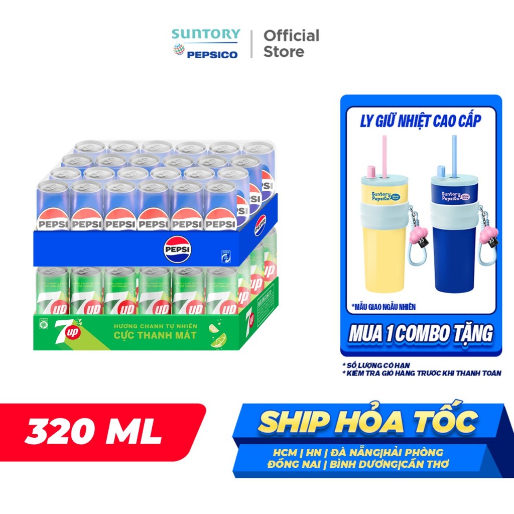 Combo 1 Thùng 24 Lon Pepsi và 1 Thùng 24 Lon 7Up (320ml/lon hoặc 350ml/lon)
