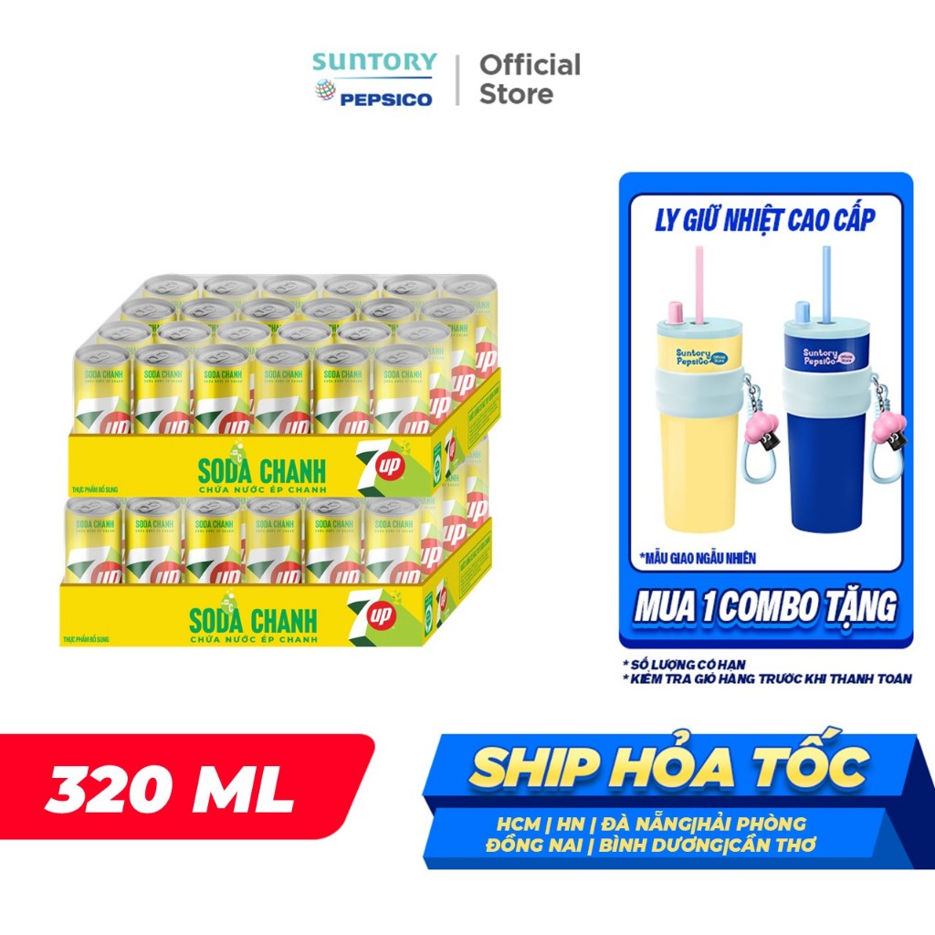 Combo 2 Thùng 24 Lon Nước Uống Có Gaz 7UP Soda Chanh Không Calo (320ml/lon)