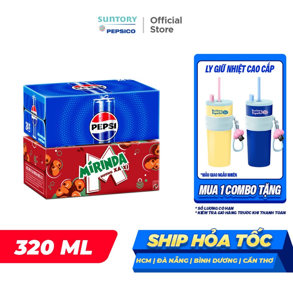 Combo 1 Thùng Pepsi lon và 1 Thùng Mirinda Xá Xị (320ml hoặc 350ml/lon)