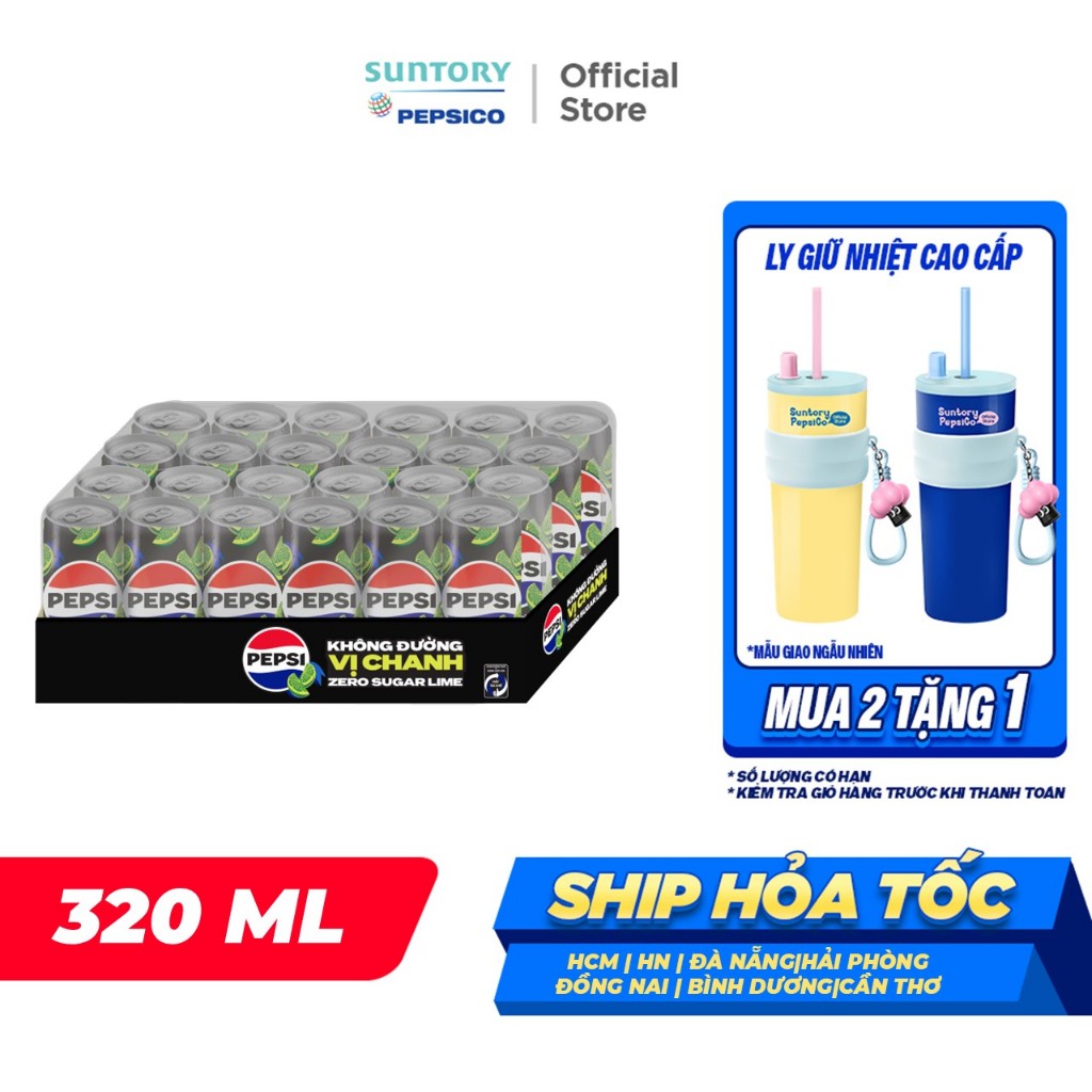 [SALE TẾT] Thùng 24 Lon Nước Uống Có Gaz Pepsi Vị Chanh Không Calo, Không Đường (320ml/lon)