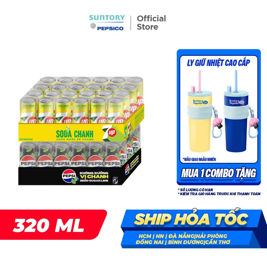 [SALE TẾT] Combo 2 Thùng Pepsi Vị Chanh Không Calo và 7UP Soda Chanh Không Calo (320ml/lon)