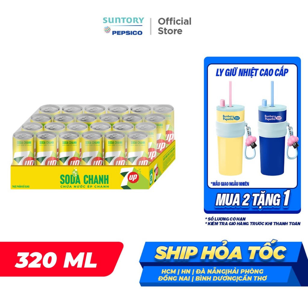 [SALE TẾT] Thùng 24 Lon Nước Uống Có Gaz 7UP Soda Chanh Không Calo, Không Đường (320ml/lon)