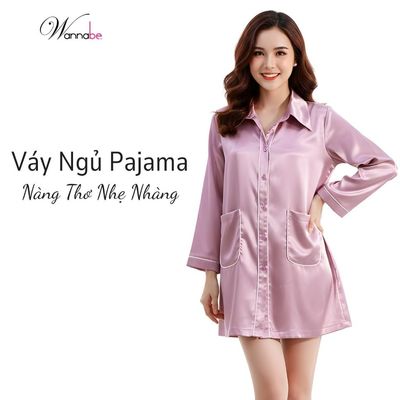 Đầm ngủ sơ mi WANNABE kiểu dáng pyjama dáng suông rộng rãi che bụng tay dài viền gân có túi DNS44