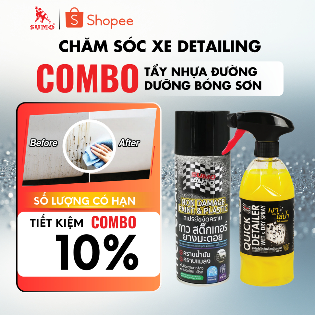 Combo chăm sóc xe detailing Sumo Auto PC450 tẩy nhưa đường WADS500 dưỡng bóng sơn