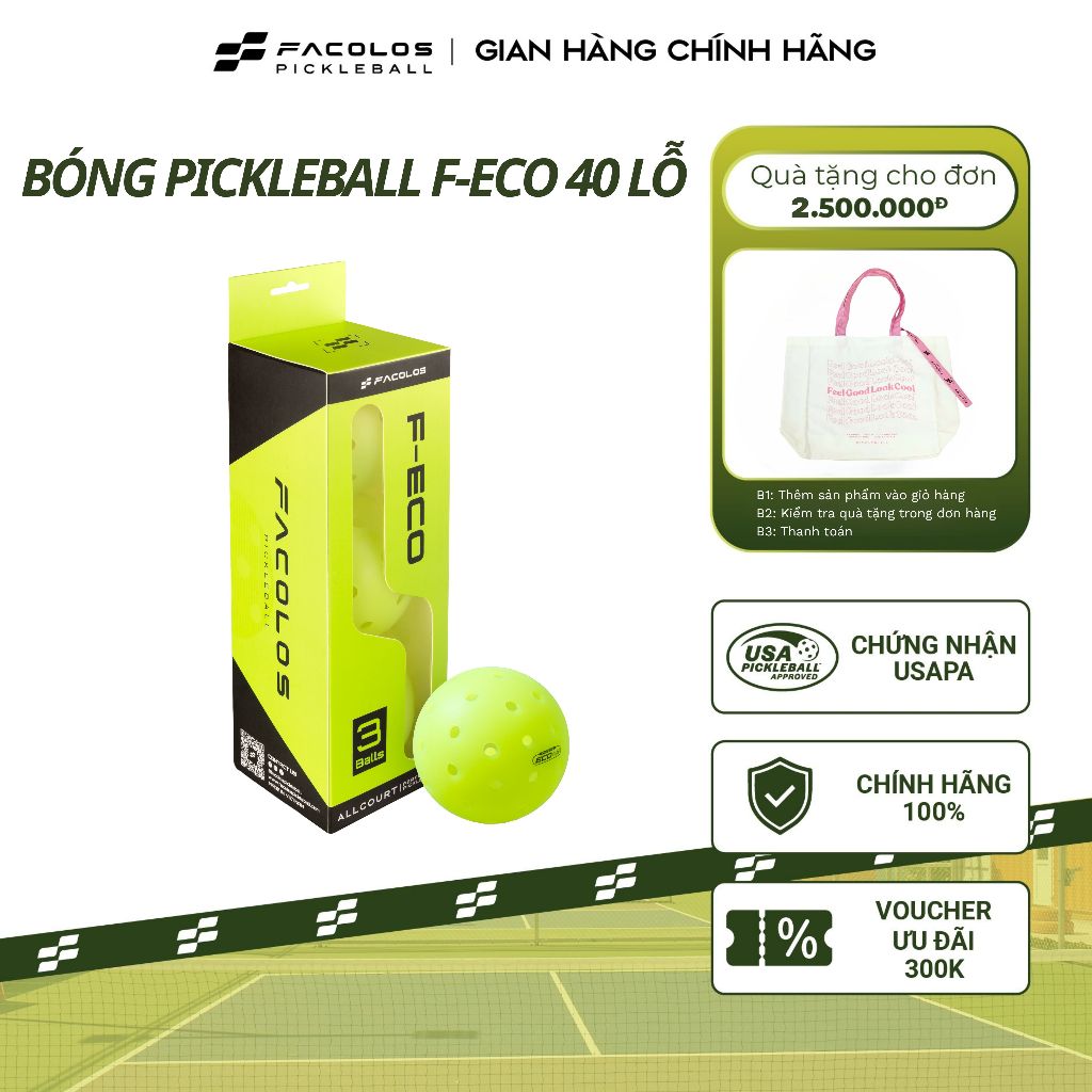 Bóng Pickleball Facolos F-ECO 40 Lỗ – Đúc Nguyên Khối, Dùng Tập Luyện & Thi Đấu