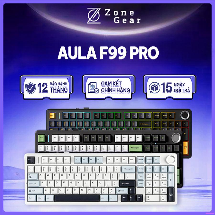 Bàn phím cơ Aula F99 Pro - Bàn phím không dây Led RGB, 3 mode kết nối, Núm xoay chỉnh âm lượng, Hotswap 5 pin