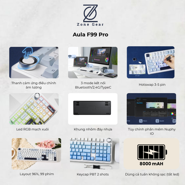 Bàn phím cơ Aula F99 Pro - Bàn phím không dây Led RGB, 3 mode kết nối, Núm xoay chỉnh âm lượng, Hotswap 5 pin | BigBuy360 - bigbuy360.vn