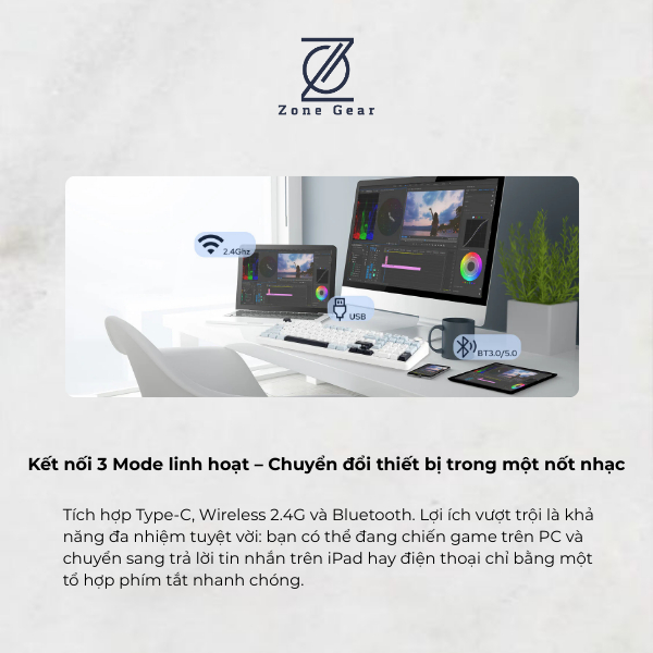 Bàn phím cơ Aula F99 Pro - Bàn phím không dây Led RGB, 3 mode kết nối, Núm xoay chỉnh âm lượng, Hotswap 5 pin | BigBuy360 - bigbuy360.vn