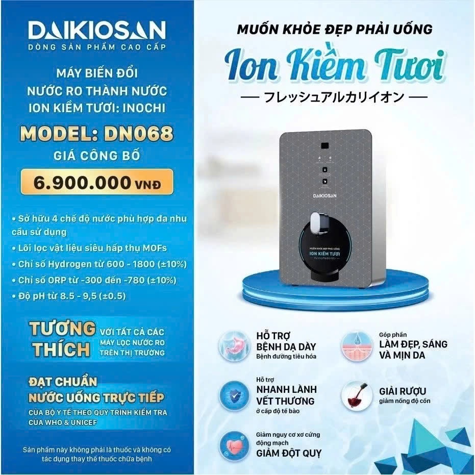 Máy biến đổi nước RO thành nước ion kiềm tươi Daikiosan DN068 / Makano MN068 công nghệ điện phân Mag