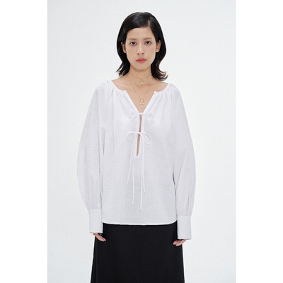 LIBÉ WORKSHOP - Áo linen kiểu tay dài thắt nơ dáng suông màu trắng 7480