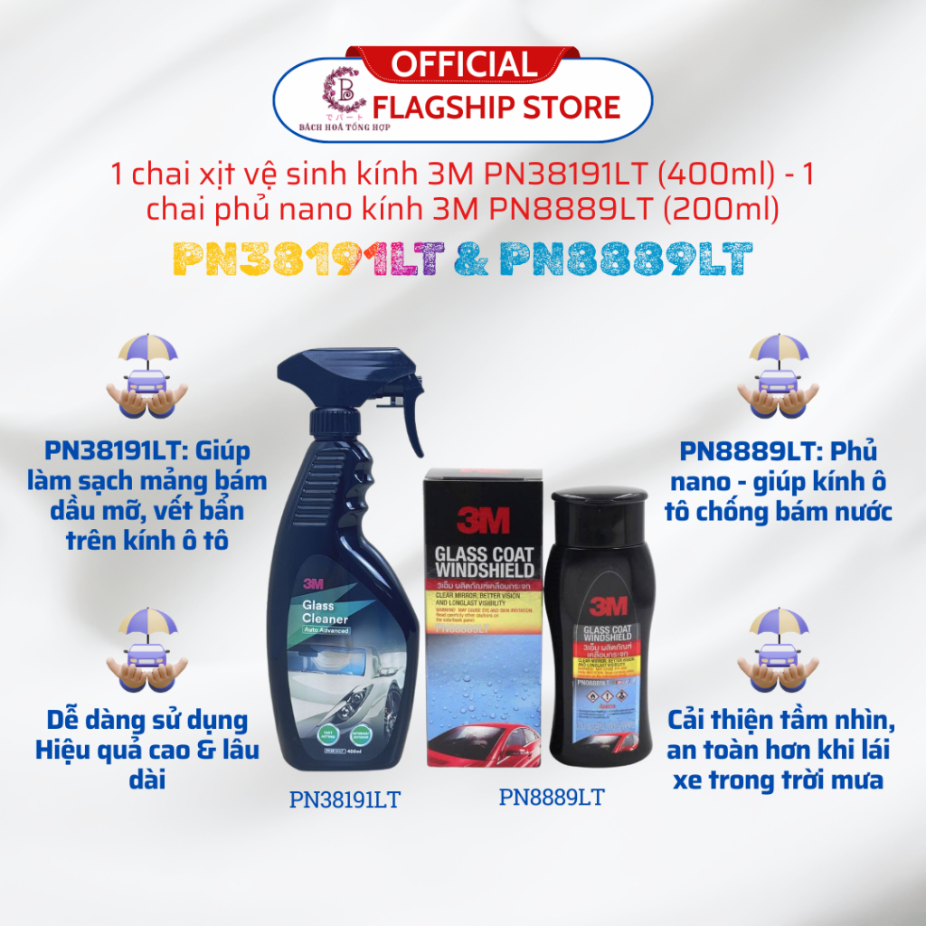 COMBO 3M[PN38191LT + PN8889LT] - Chai phủ nano kính chống đọng nước mưa & vệ sinh kính lái ô tô