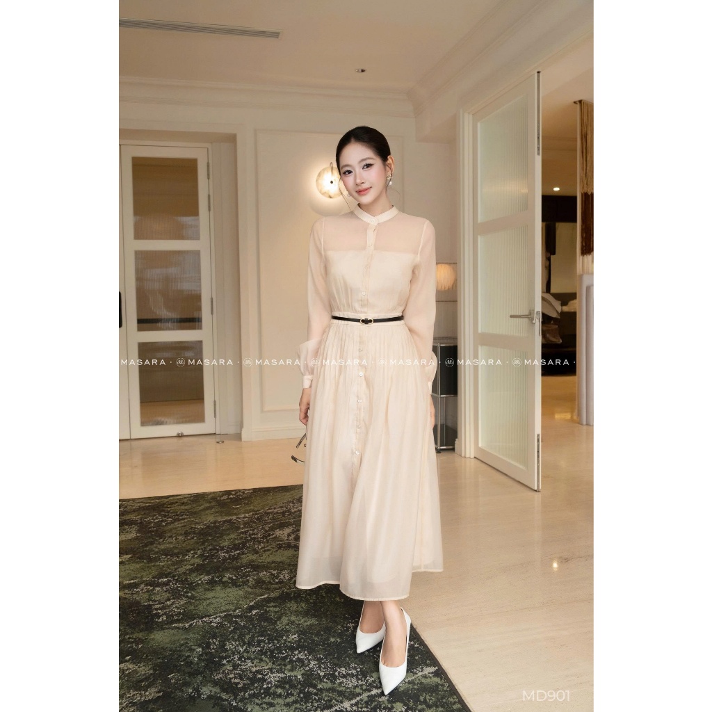 Đầm sơ mi Masara dáng dài phối thắt lưng da phong cách thanh lịch MD901