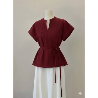𝗗𝗮𝗿𝗮  A08- | LY LINEN| Áo Linen cổ tàu thắt nơ kèm dây