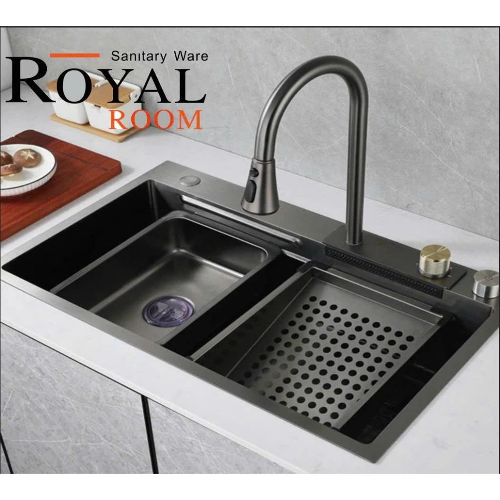 Chậu rửa bát một hố to mạ nano đen R7546 ROYALROOM cao cấp full phụ kiện kích thước 7546 và 7846