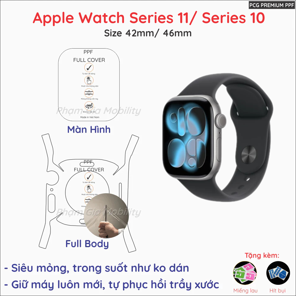 Dán PPF cao cấp cho Apple Watch Series 11 10 (Seri S11 S10) Size 42mm 46mm 42 46 mm màn hình, full b