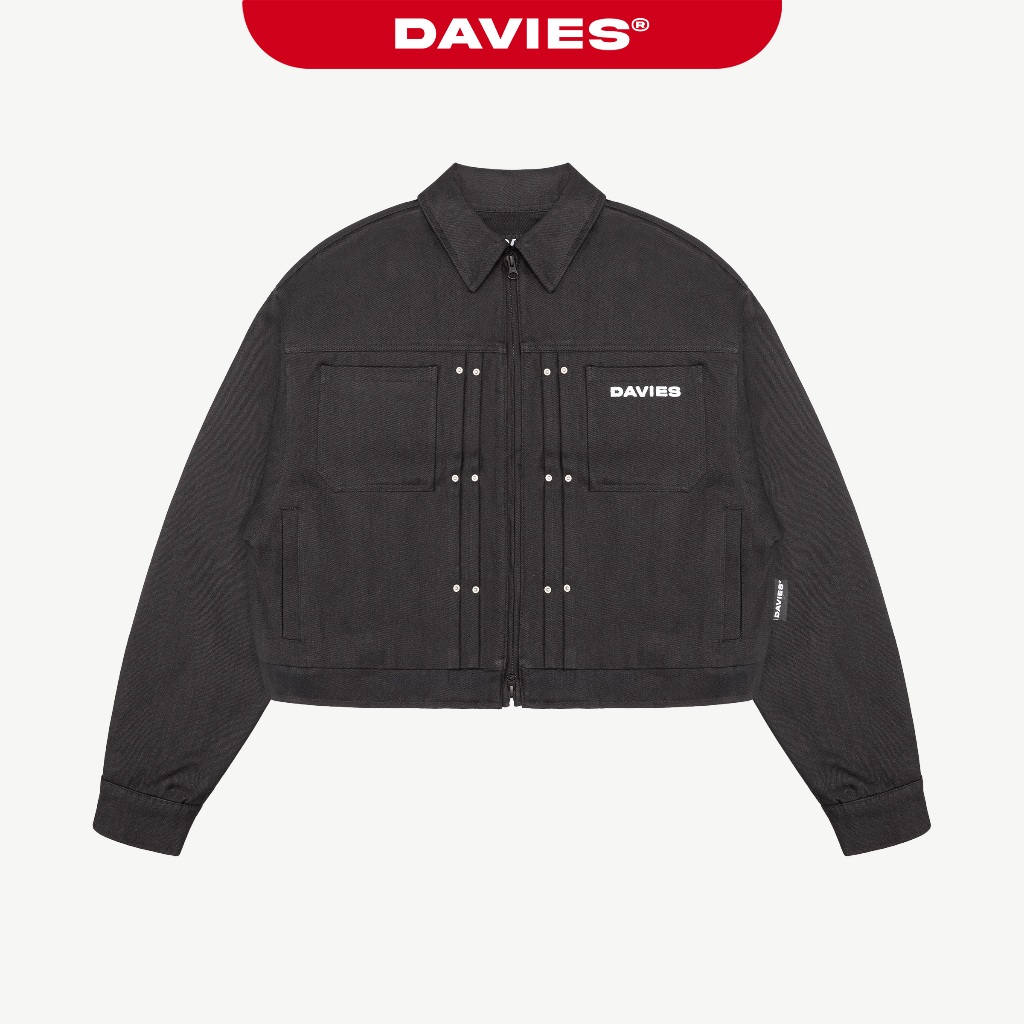 Áo khoác croptop nam nữ chất kaki DAVIES hoạ tiết hình thêu da đính nút kim loại cổ bẻ màu đen Skirm