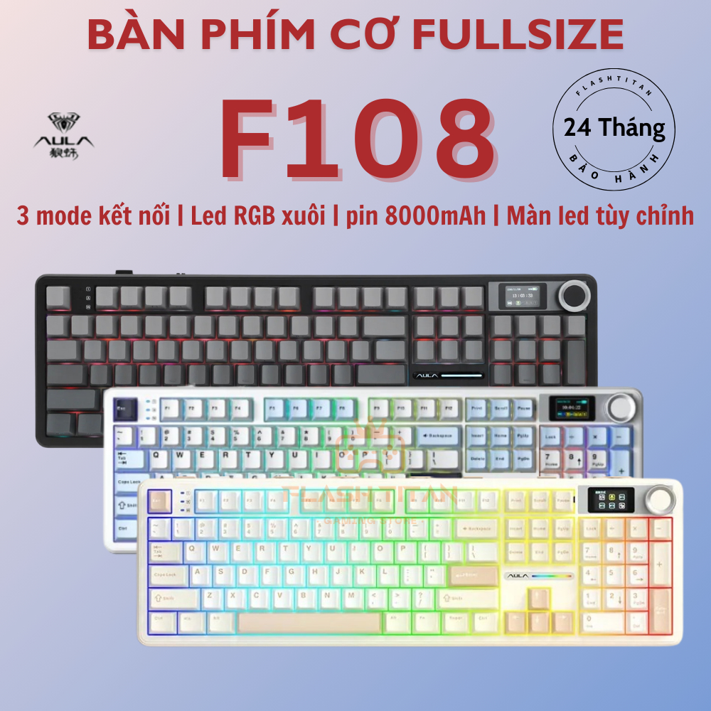 Bàn phím cơ Full size F108 - Màn hình led và núm xoay - Hỗ trợ hotswap - LED RGB - bảo hành 24 tháng | BigBuy360 - bigbuy360.vn
