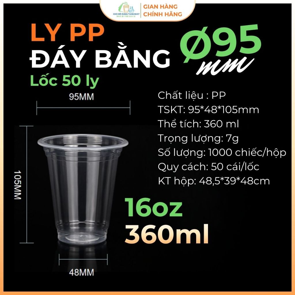 (Lốc 50) Ly Nhựa PP 14oz 360ml Đáy Bằng Phi 95mm, Ly Miệng 95, Size 14oz, Cho Quán Cafe Trà Sữa