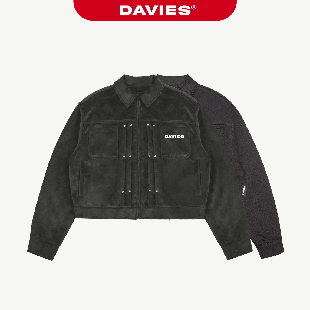 Áo khoác croptop nam nữ chất kaki DAVIES hoạ tiết hình thêu da đính nút kim loại cổ bẻ màu đen Skirm