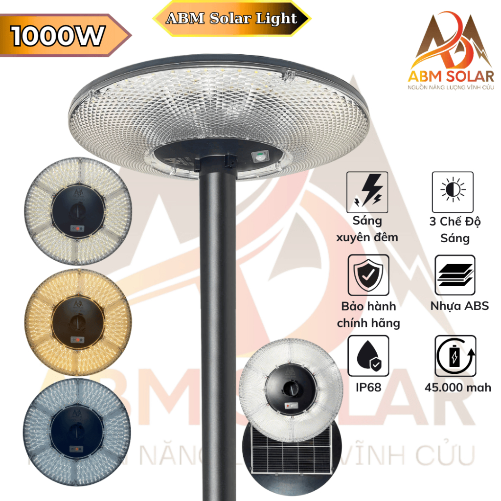 [1000W] Đèn UFO Kim Cương Năng Lượng Mặt Trời Sân Vườn 1200W, Chống Nước IP68, Tỏa Sáng 360 Độ, Cảm 
