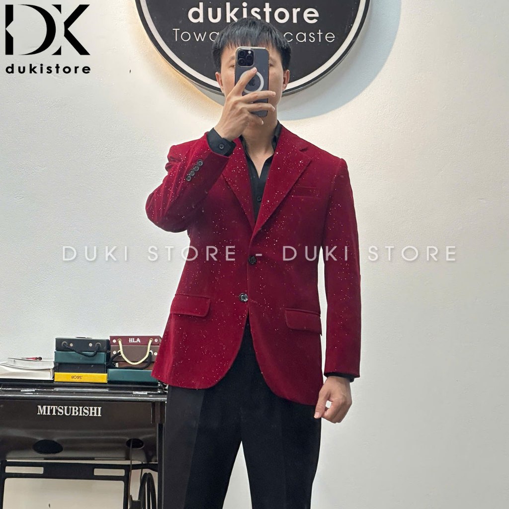 Áo vest nam, áo blazer nam 2 cúc màu đỏ đô nhung kim tuyến cao cấp ADK0038 - DUKI STORE