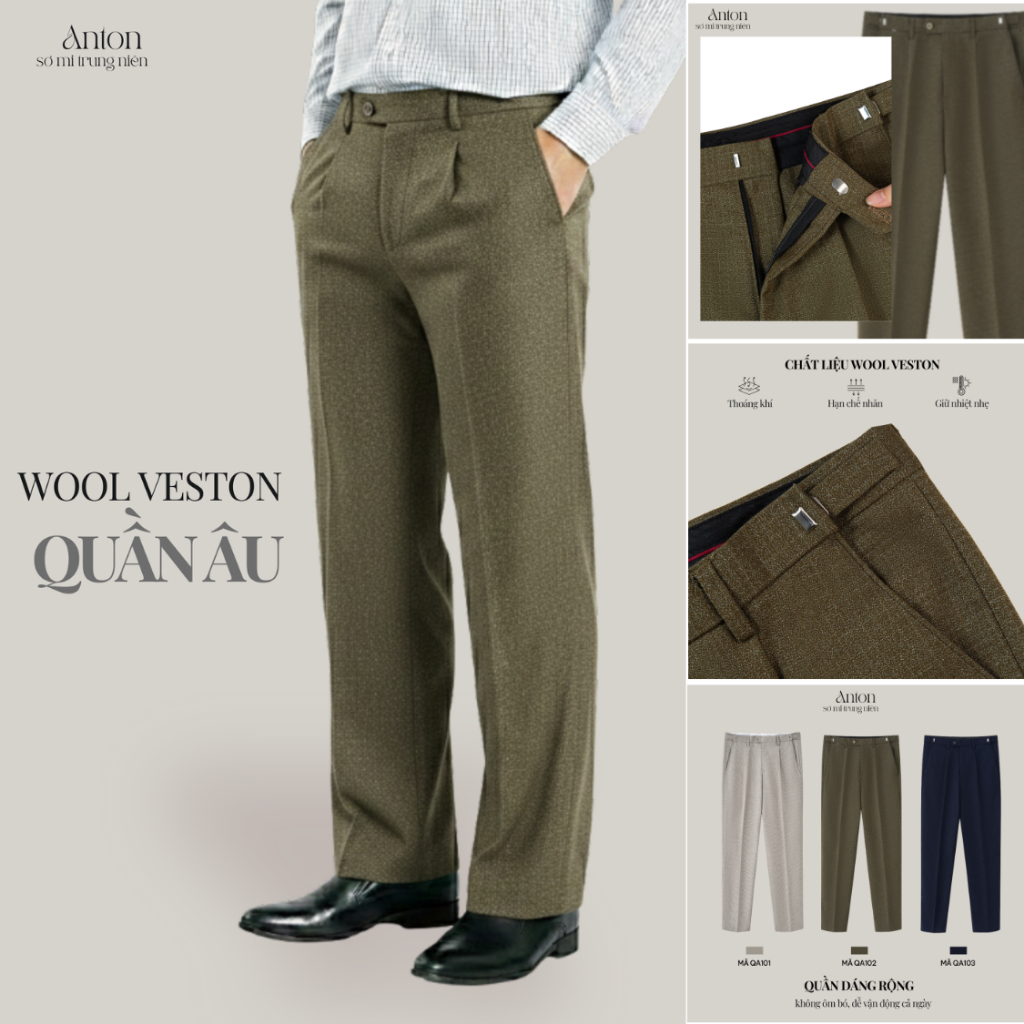 Quần Âu Nam Dáng Rộng Công Sở Trung Niên Anton Somianton Xếp Ly Màu Nâu Đậm Mã QA102