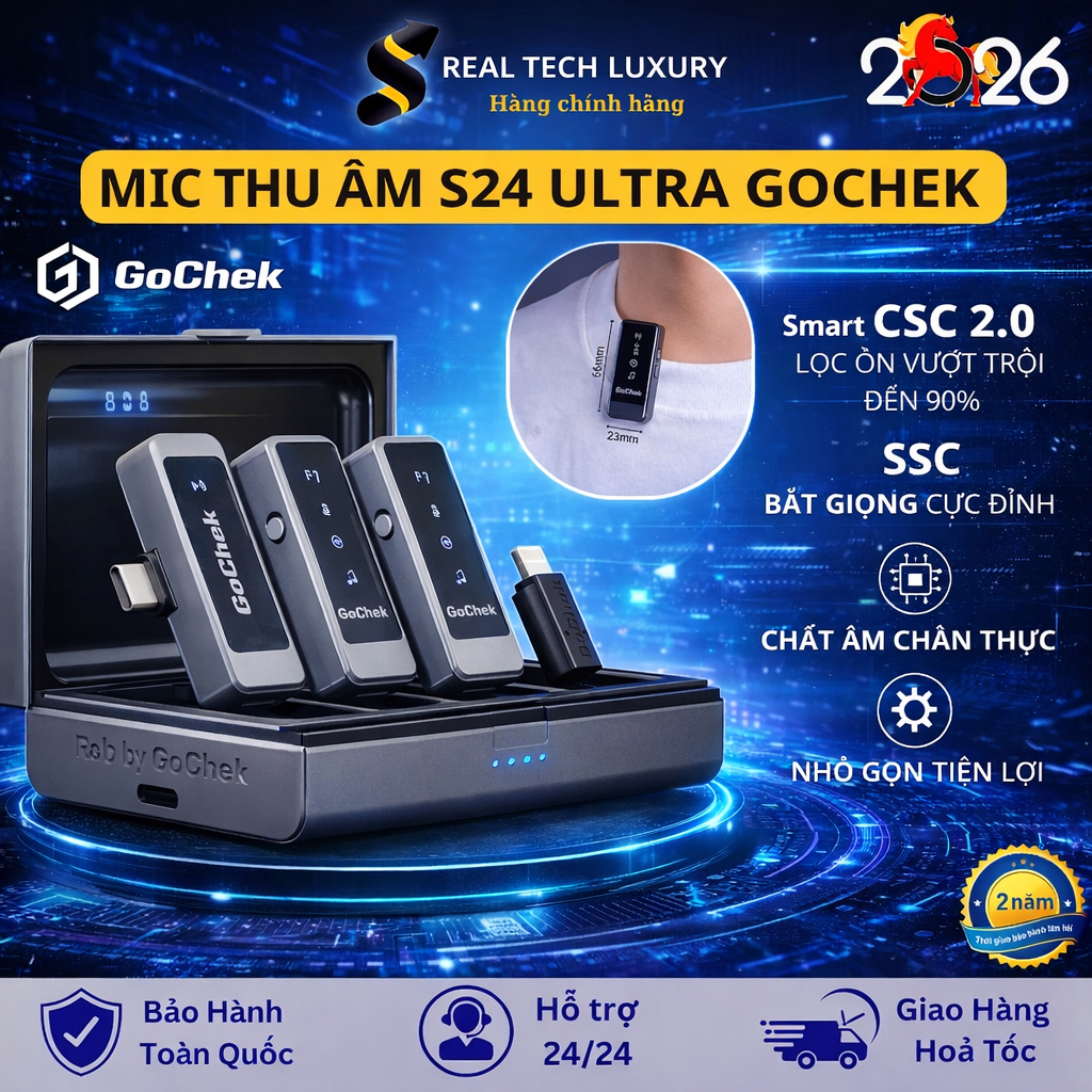 Mic Thu Âm Không Dây Gochek S24 ULTRA - Micro gocheck cài áo lọc tiếng ồn livestream Tích Hợp 2 Chân