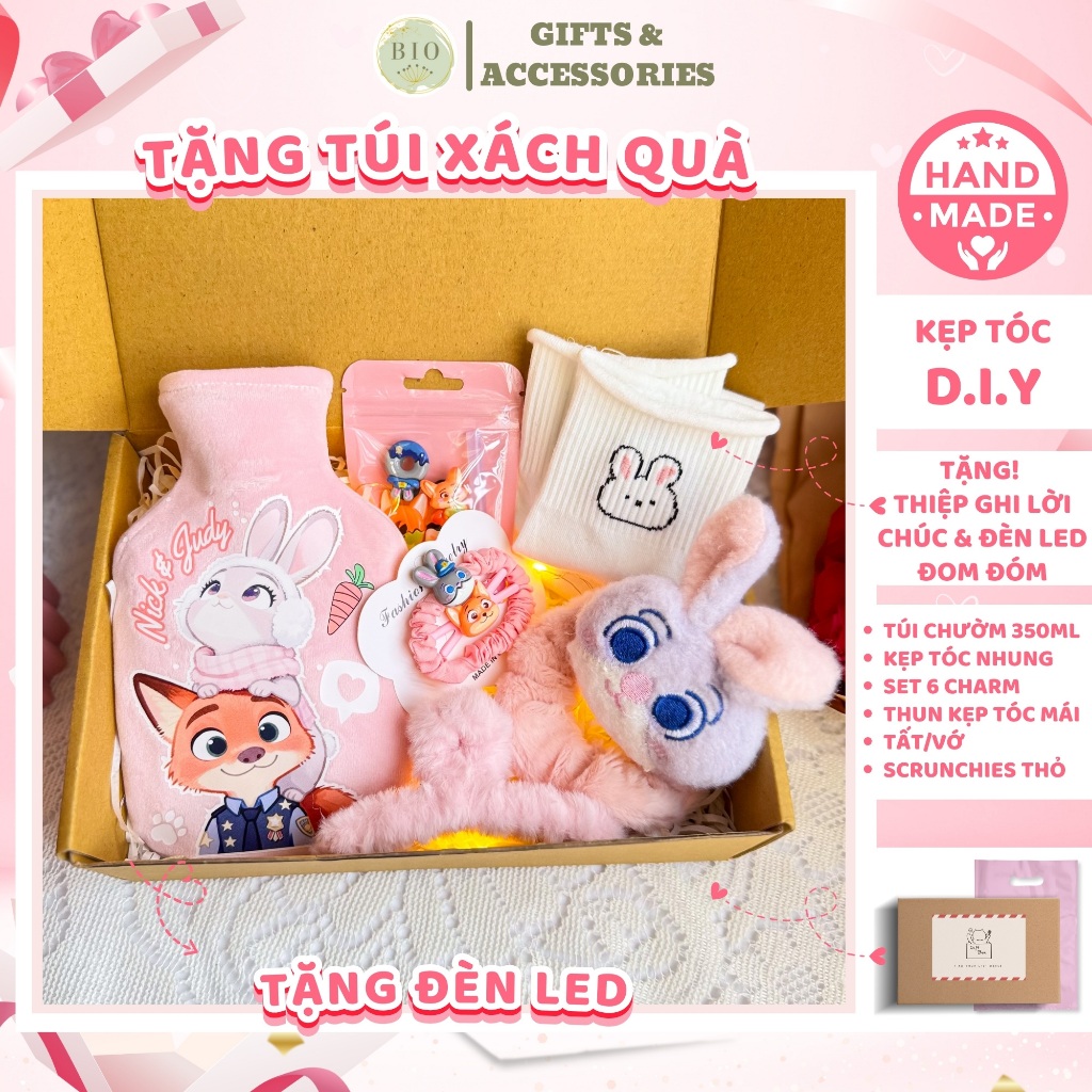 Bộ quà tặng bạn gái túi chườm Labubu, Capybara, Lotso mix kèm set nguyên vật liệu kẹp tóc handmade