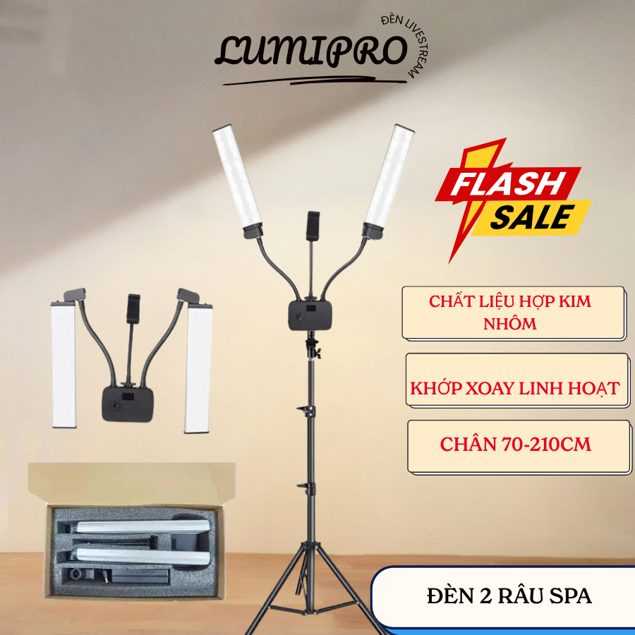 Đèn led 2 râu , đèn trợ sáng dùng cho livestream Spa, Phun Xăm, Makeup Chuyên Nghiệp chân 2m cao cấp