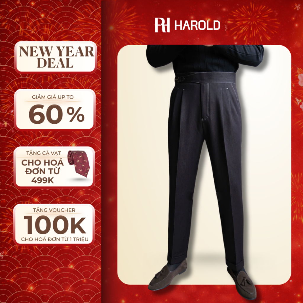 Quần Âu Nam Cạp Cao Ống Suông Cao Cấp Harold Denim Gurkha Vải Co Giãn Đứng Form Tôn Dáng