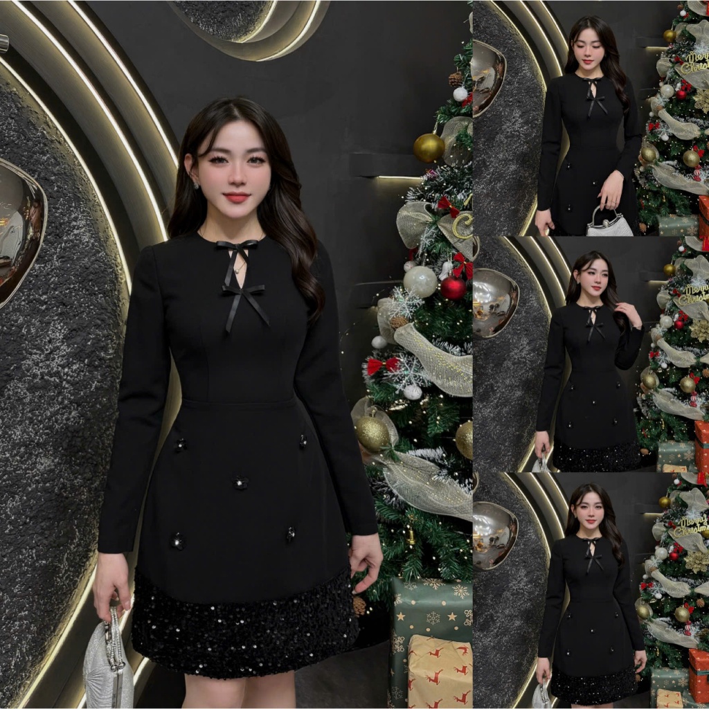 2VK127 - Váy Thiết Kế  Eviici cổ V nơ liền trước ngực (tặng kèm 5 hoa cài) dáng A ngắn viền phối kim