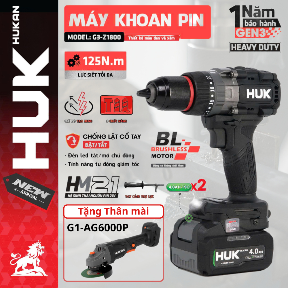 [Tặng mài 6000P] Máy khoan pin 3 chức năng HUKAN G3-Z1800, Lực siết lớn 125Nm, 13mm - Anti_kickback