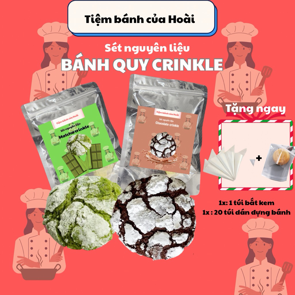 [Tặng túi đựng- crinkle] Set làm bánh crinkle cookie vị matcha,chocolate