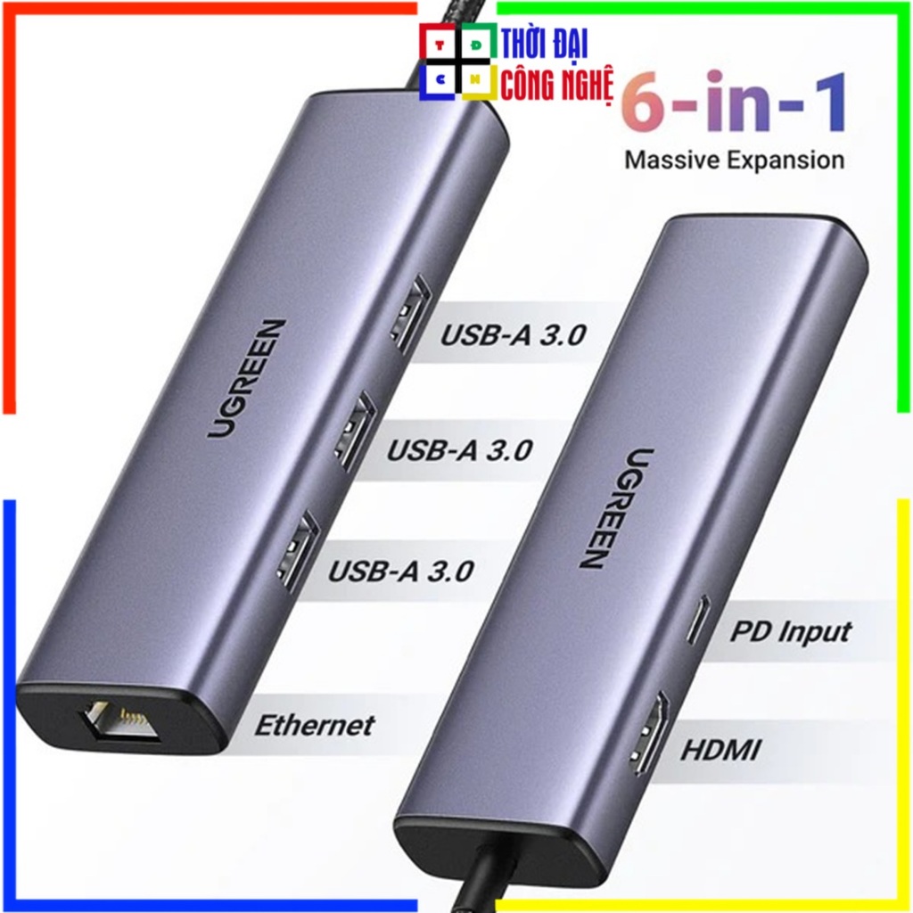 Hub USB Type C Ugreen CM512 (15598) Chính Hãng, 6-in-1 Adapter, Xuất 4K HDMI, 100W PD Sạc Nhanh, USB