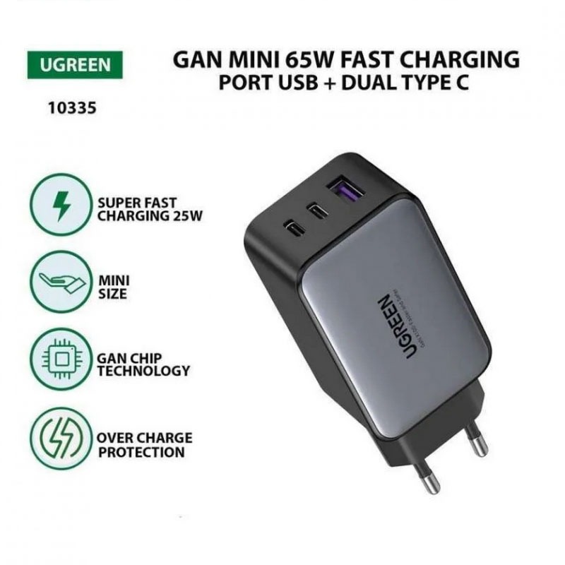 Củ sạc nhanh Ugreen 65W GaN 3 cổng 2C1A 65W Nexode sạc siêu nhanh 2 cổng USB-C chân cắm EU Ugreen (1