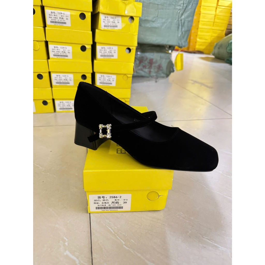 Giày mary jane nữ BEESHOES da lộn, quai ngang mũi vuông đế vuông cao 4 phân sẵn màu đen MJ108 (Form 