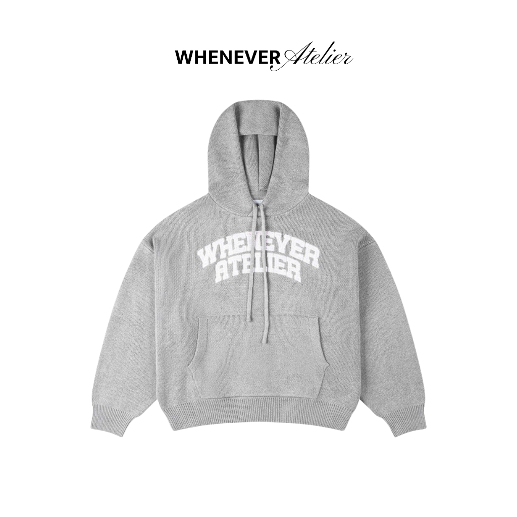 WHENEVER Áo Hoodie Whenever Basic Logo Knit Hoodie Form Boxy Rũ Tự Nhiên Unisex / GREY