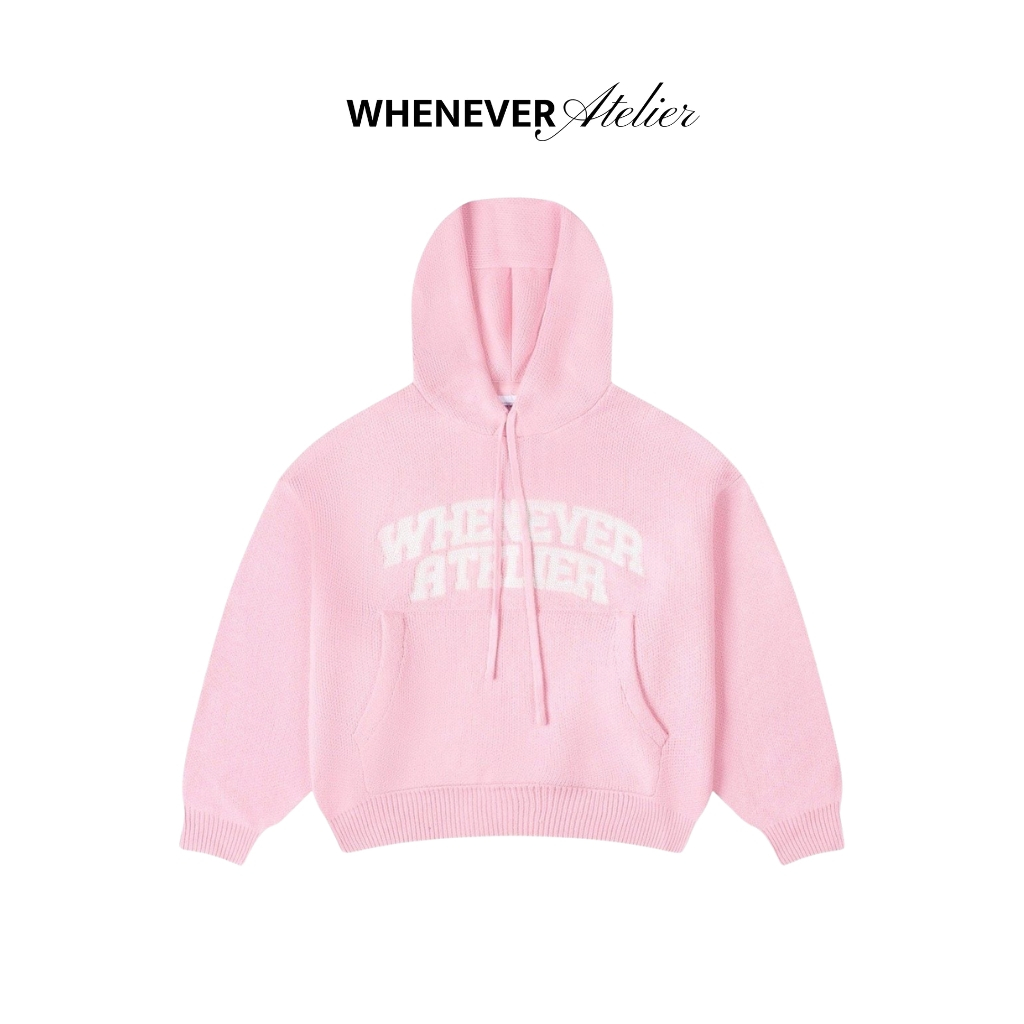 WHENEVER Áo Hoodie Whenever Basic Logo Knit Hoodie Form Boxy Rũ Tự Nhiên Unisex / PINK
