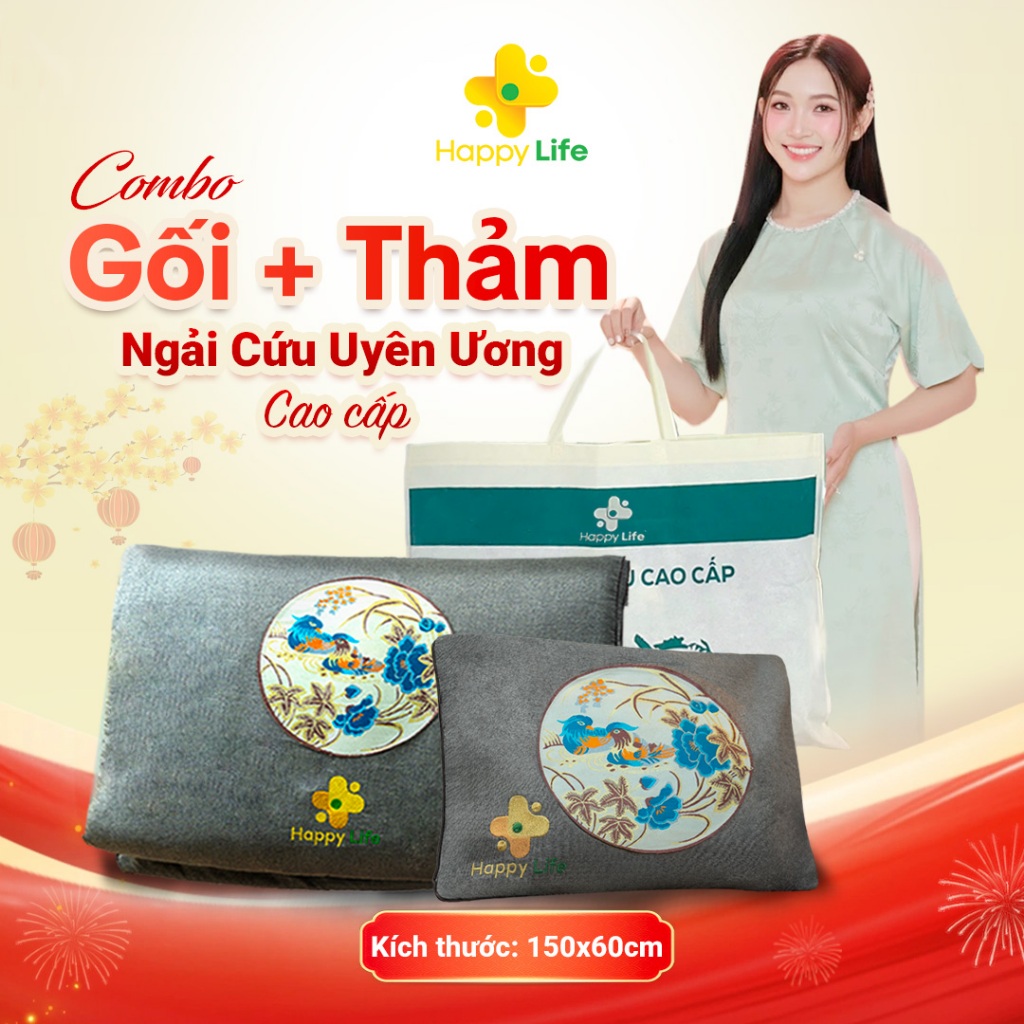 Combo Gối Thảm Ngải Cứu Uyên Ương Hoàng Thịnh An Chính Hãng Happy Life Kích Thước 60x150cm