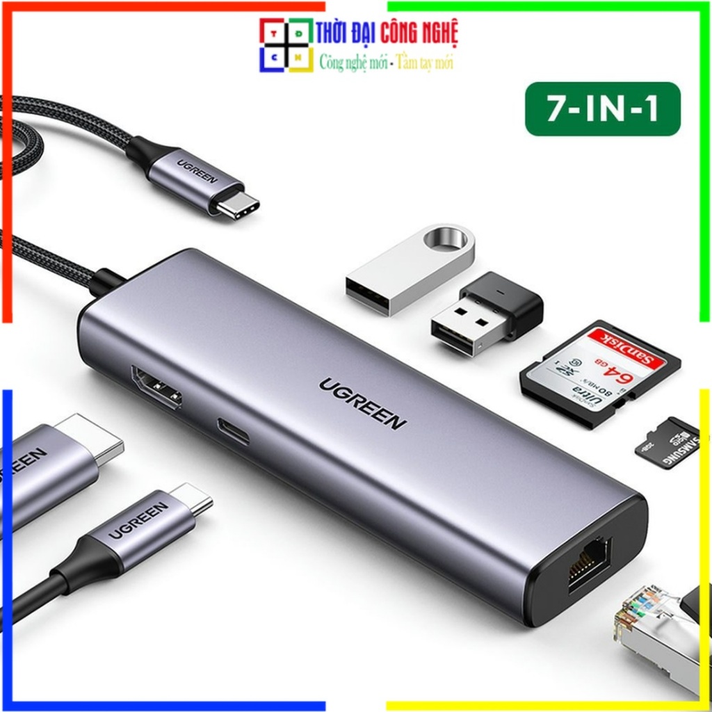 Hub 7-in-1 Ugreen CM512 90568 USB C ra HDMI 4K@30Hz | LAN Gigabit | 2xUSB 3.0 | SD/TF | PD 100W Chín