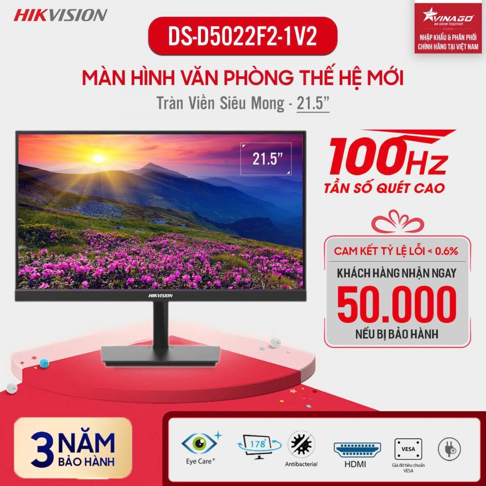 Màn hình máy tính HIKVISION DS-D5022F2-1V2,21.5in,100Hz,màn tràn viền,hỗ trợ giá treo VESA,BH36T