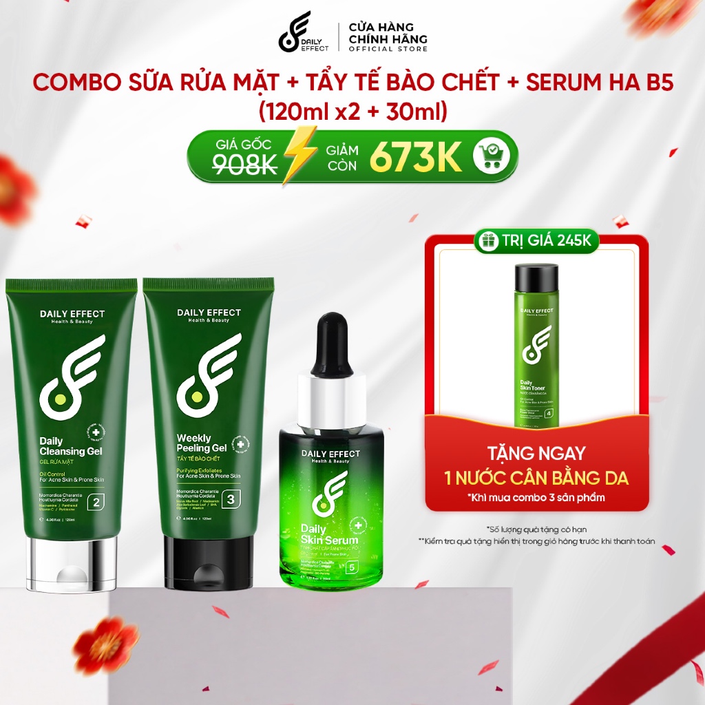 [Combo Sữa Rửa Mặt + Tẩy Tế Bào Chết + Serum HA B5] - DAILY EFFECT (120ml + 120ml + 30ml)
