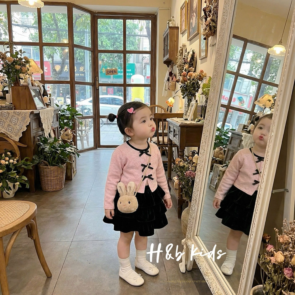 Set áo hồng 3 nơ cv tầng nhung bé gái