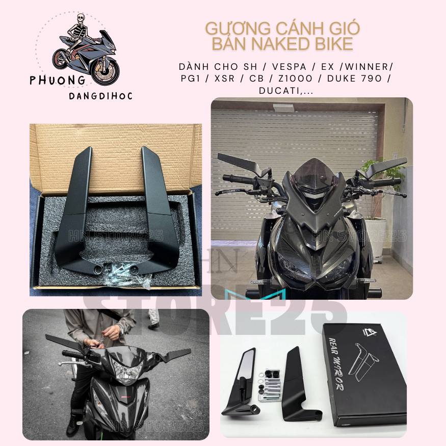 Gương cánh gió dòng xe: Winner, Exciter, Raider, Vespa  Mt15, Mt03, Xrs155, Cb150r, Su Gsx S150...