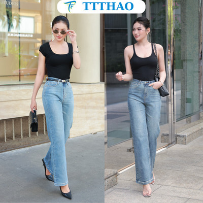 Quần jeans nữ ống suông TTTHAO cao cấp kiểu dáng quần jeans nữ ống rộng dài 103cm VNXK phong cách quần jean nữ basic J15