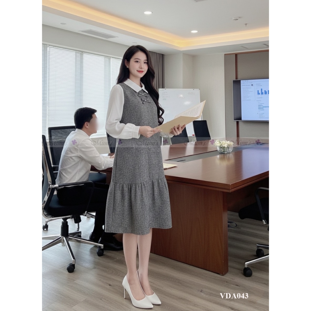Váy bầu thiết kế Mum’s Shop VDA043  Váy dạ tiêu ghi phối nơ đá thanh lịch cho mẹ bầu và bigsize