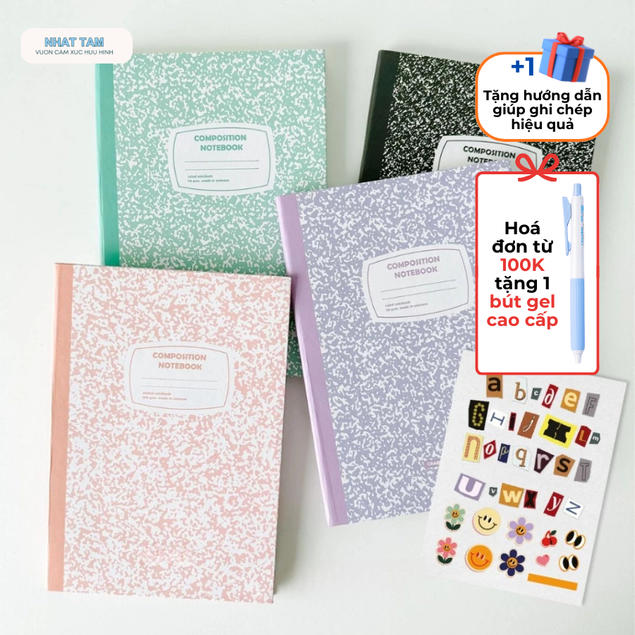 Vở 200 trang bìa bồi cứng kẻ ngang chấm dot grid tặng kèm sticker Crabit Composition