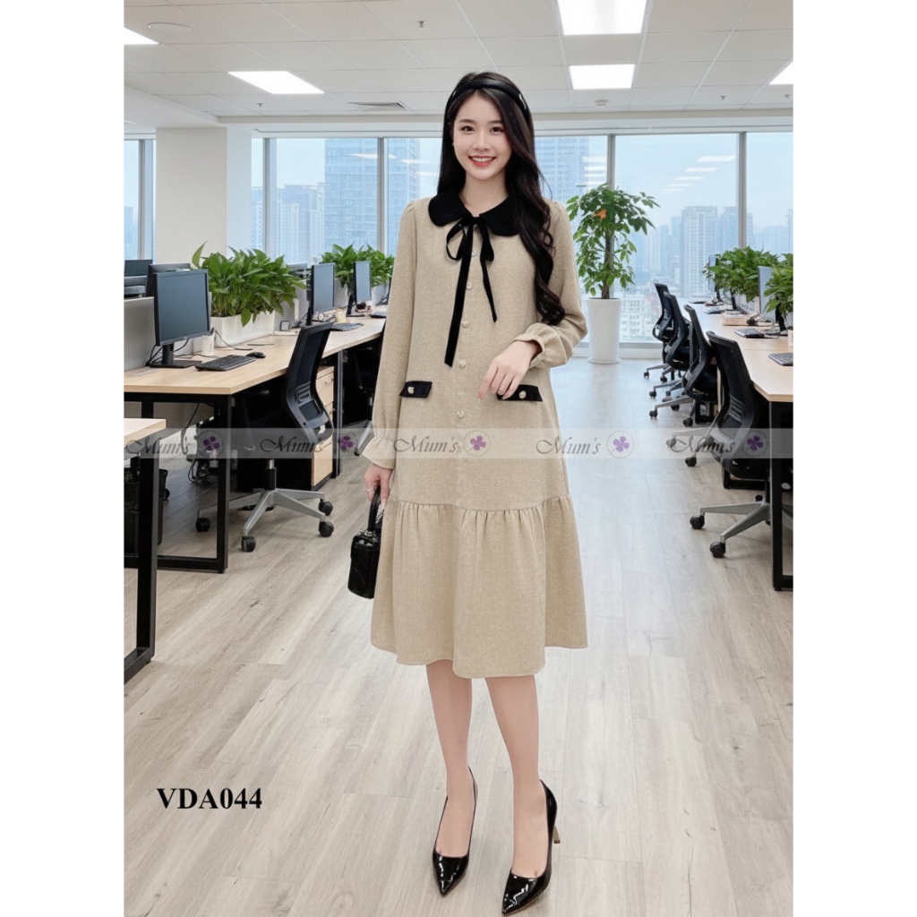 Váy bầu thiết kế Mum’s Shop VDA039 Váy dạ tiêu be thanh lịch cho mẹ bầu và bigsize