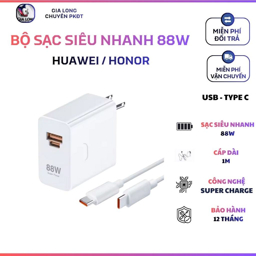 Bộ Sạc Siêu Nhanh Max 88W Huawei / Honor USB - Type C / Hiển Thị Max 88w / BH 12 Tháng